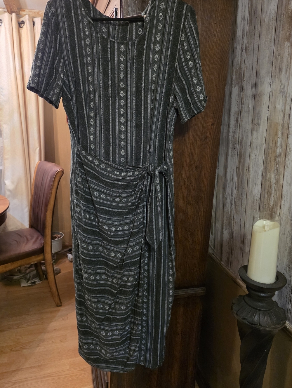 Kathie Lee Collection Olive and Cream Striped Tie-Waist Midi Dress